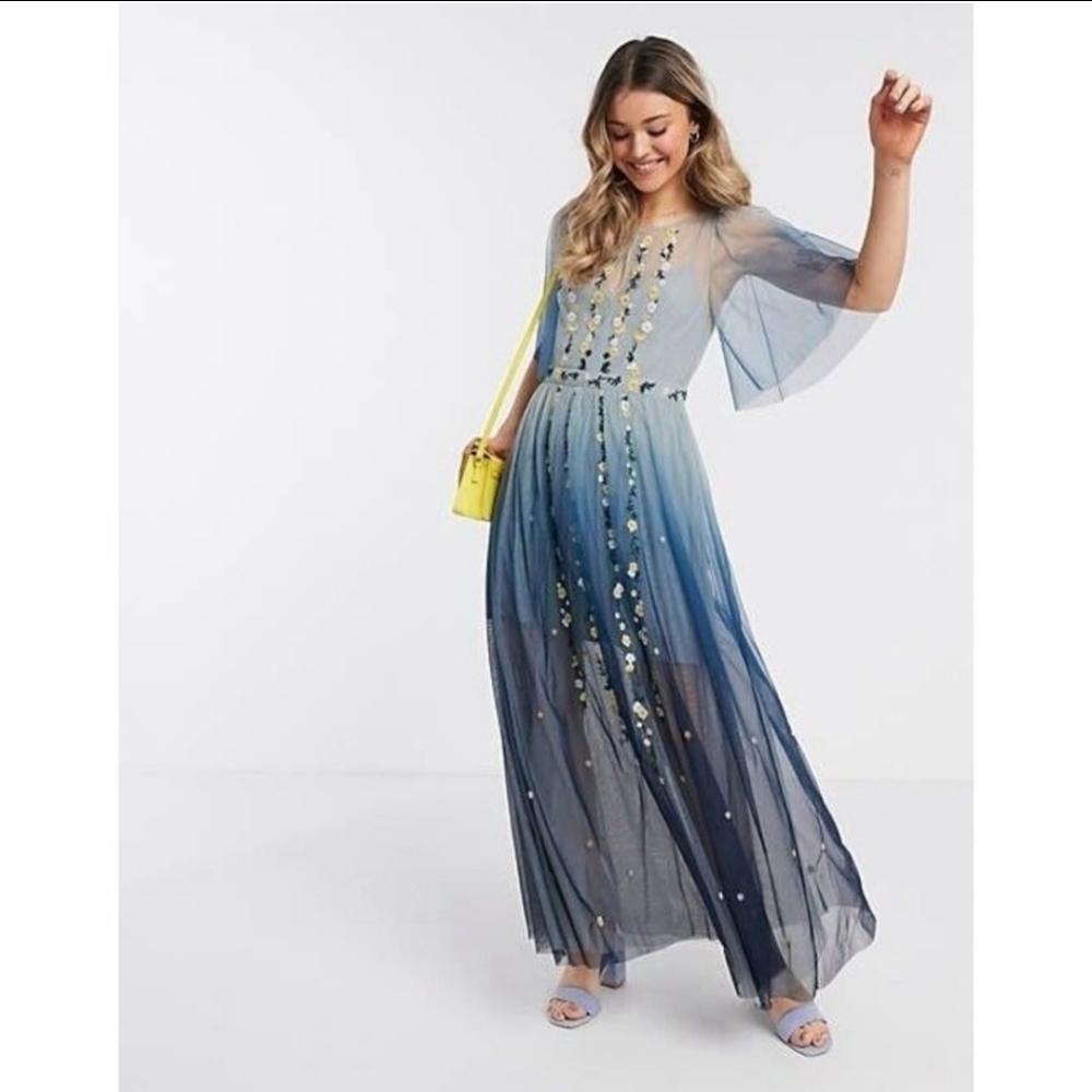 French Connection Blue Ombre Gauze Floral Embroidered Flutter Sleeve Maxi Dress